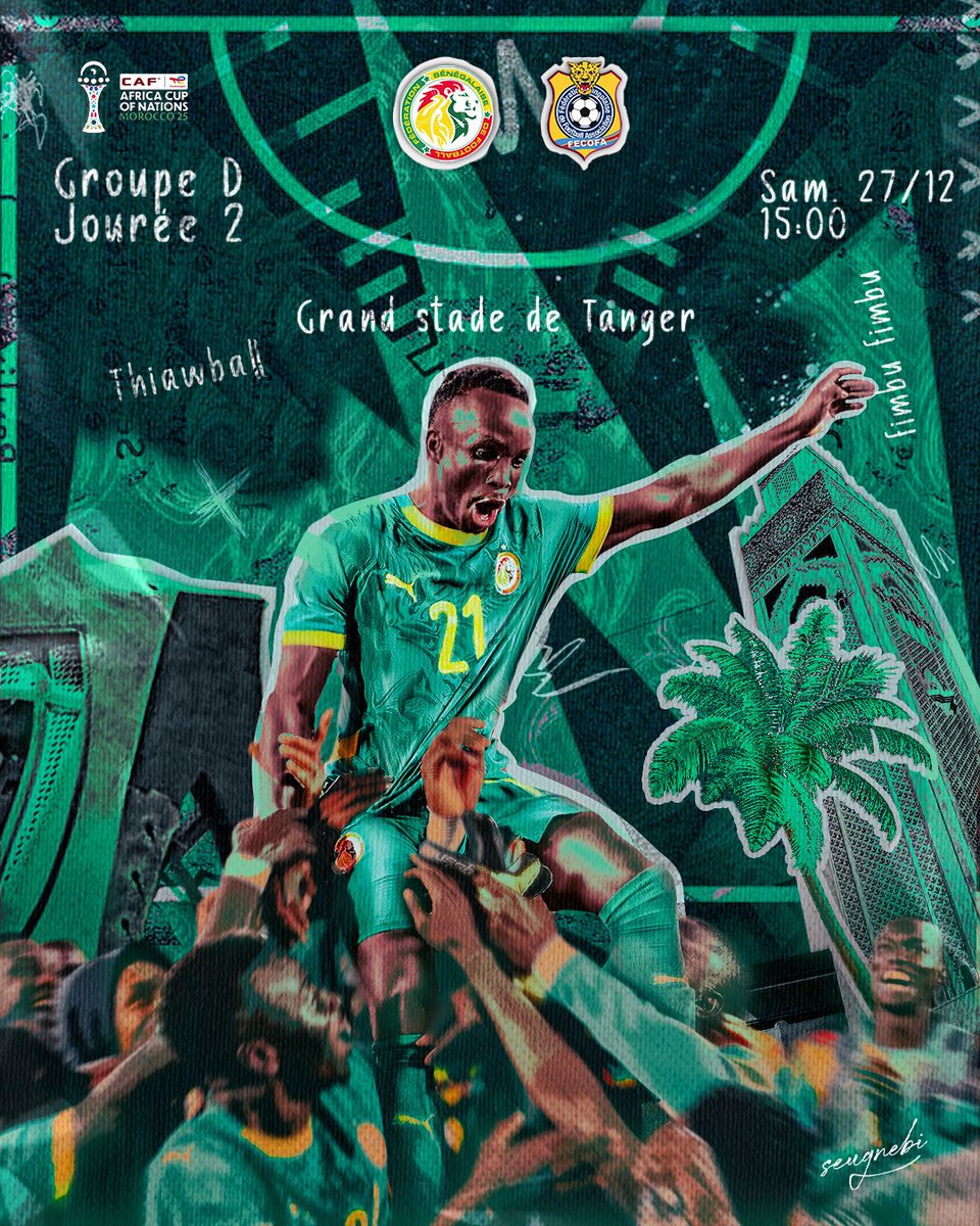 GraphisteFallou's tweet image. 🇸🇳🆚🇨🇩 VISUEL MATCH DAY

Exploration d’un nouveau style visuel pour un match de la CAN :
texture, identité africaine et énergie collective.

📍 Grand Stade de Tanger
🎨 Projet personnel – Graphic design

#AFCON2025 #MatchDay #FootballDesign #Senegal