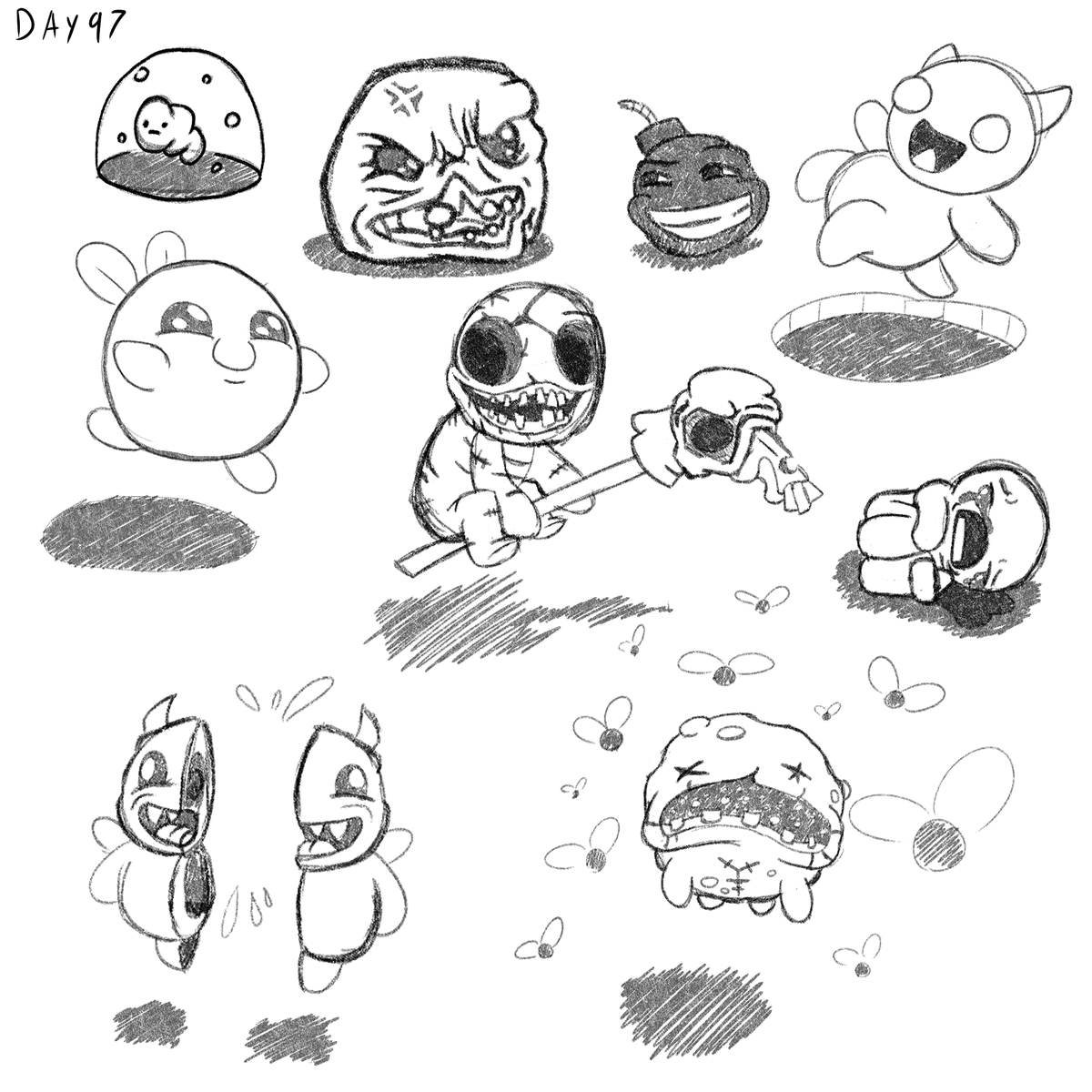 Day 96 &amp; 97

I think I am going to be taking a small break from working on art fundamentals and actually draw some stuff for a bit. I started by drawing random stuff from TBOI since I recently started playing again :b
#learningtodraw #digitalart #tboi #2dart #art