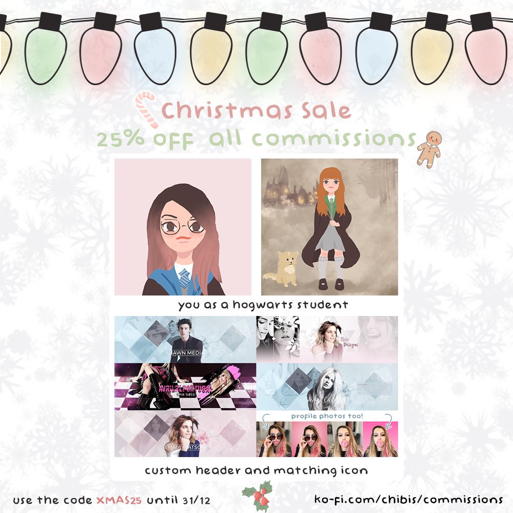 TatiMendesG's tweet photo. Christmas may be over but the discounts aren't! 25% off until next year! I can draw you as Hogwarts student from Harry Potter or design a header and matching icon for you. 
Use the code XMAS25 🎄 https://t.co/cwbiEWbzY9

@kofi_button #KofiChallenge https://t.co/qB3CuOdwAQ