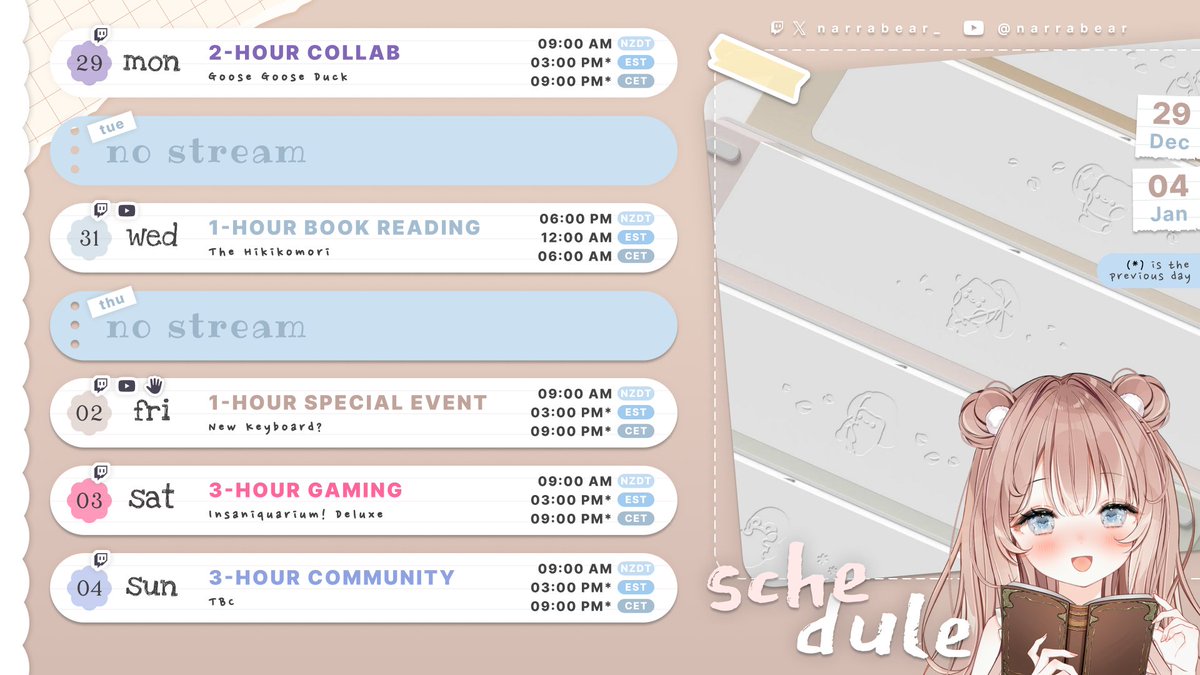 narrabear_'s tweet image. It's almost 2026! Please have a look at the fun things planned next week. We will draw the raffle on Saturday so be sure you redeem your ticket if you want a chance to win. See you then friends!