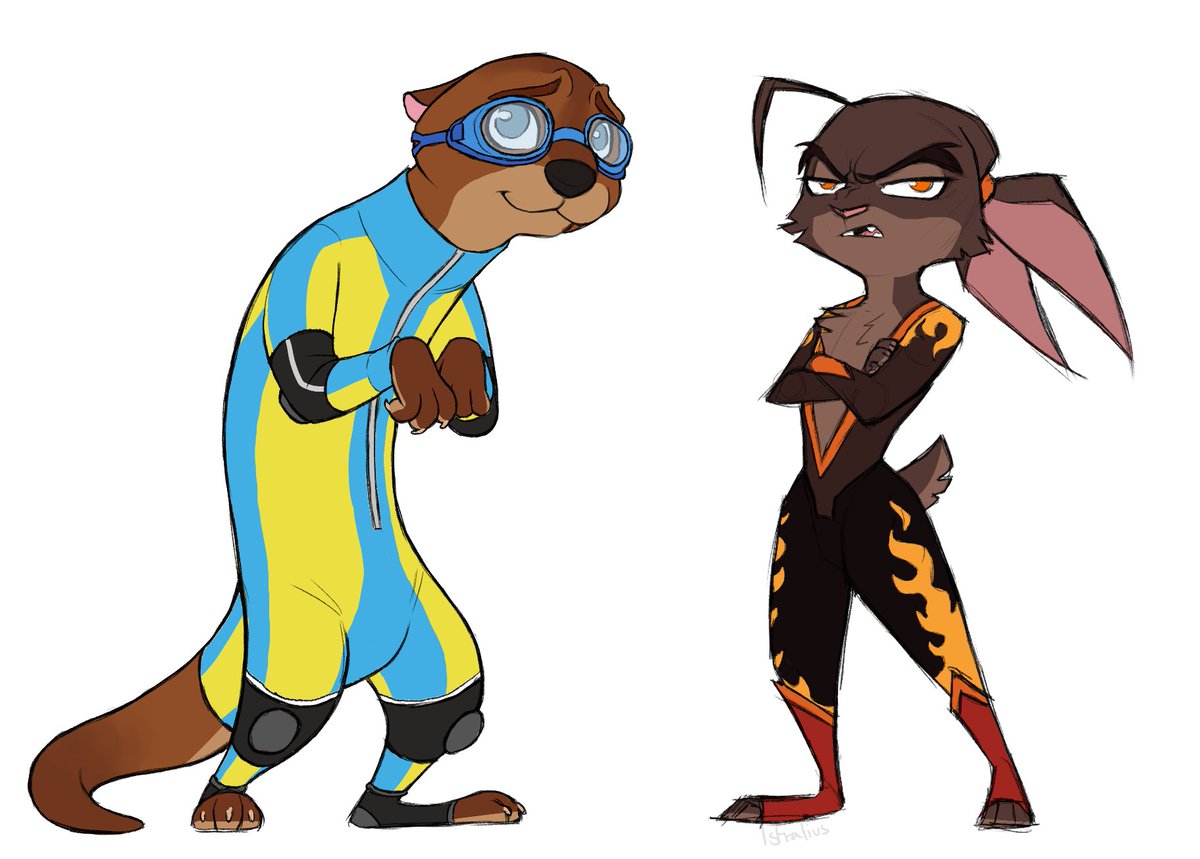 Istralius's tweet image. I sillied and decided to draw these two in Zootopia art style 
Do we fw waterbae critters? :3c
#dispatch #waterboy #flambae #waterbae ???