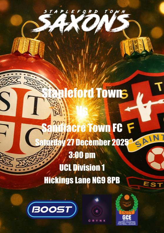🔴⚫FIRST TEAM🔴⚫
🔴⚫DERBY DAY🔴⚫
🆚 <a href="/sandiacre_town/">Sandiacre Town FC</a> 
👊🏼 <a href="/utdcos/">UCL</a> Div One
🚗 Hickings Lane, NG9 8PB
📆 27/12/2025
⚽ 3pm
💷 £6/£4
🔴 ⚫ #UpTheStabbo 🔴 ⚫

<a href="/GCEHireFleet/">GCE Hire Fleet Ltd</a> <a href="/SGDLtd/">Sports Ground Development Ltd</a> <a href="/NonLeagueCrowd/">Non League Crowds</a> <a href="/StickyPalms/">The Groundhopper</a> <a href="/NottsDerbyFBall/">Nottinghamshire & Derbyshire Football</a> <a href="/FootballWebPgs/">Football Web Pages</a> <a href="/vinnynolan/">On The Hop Groundhopping / Real Ales - Syd</a>
footballwebpages.co.uk/stapleford-town