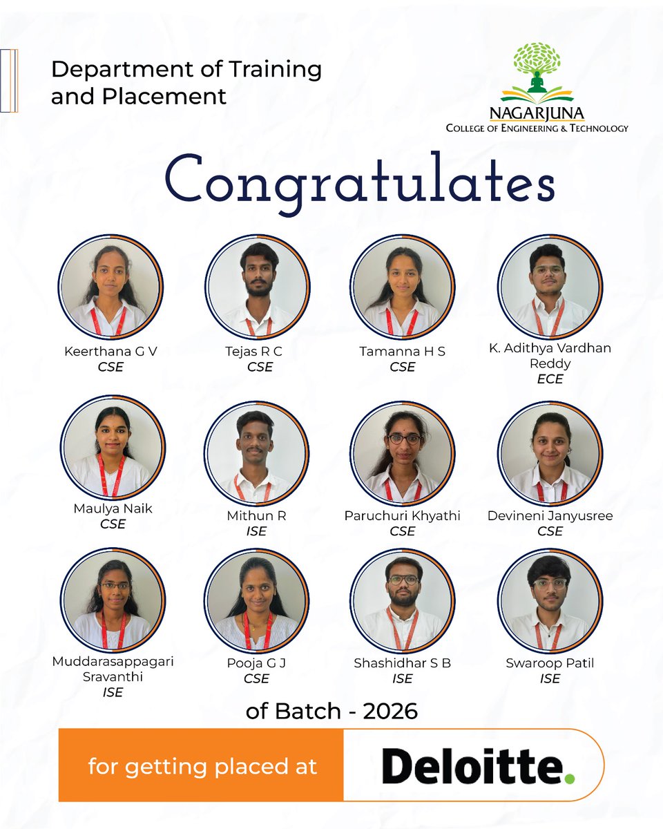 Congratulations to our Batch 2026 students from CSE, ISE &amp; ECE on getting placed at Deloitte.
Wishing you a successful corporate journey ahead!

#Placements #Deloitte #Batch2026 #NCET #StudentSuccess
