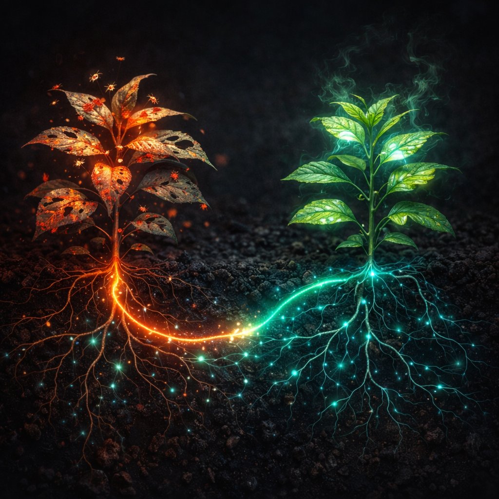 Earthwisedoc's tweet photo. It’s not just nutrients. Stress signals can travel too.
When one plant faces drought or insect attack, others linked in the network can “prepare” their defenses early — a real‑time biochemical warning system. ⚡🍃4/5 https://t.co/uODz1oNJOu