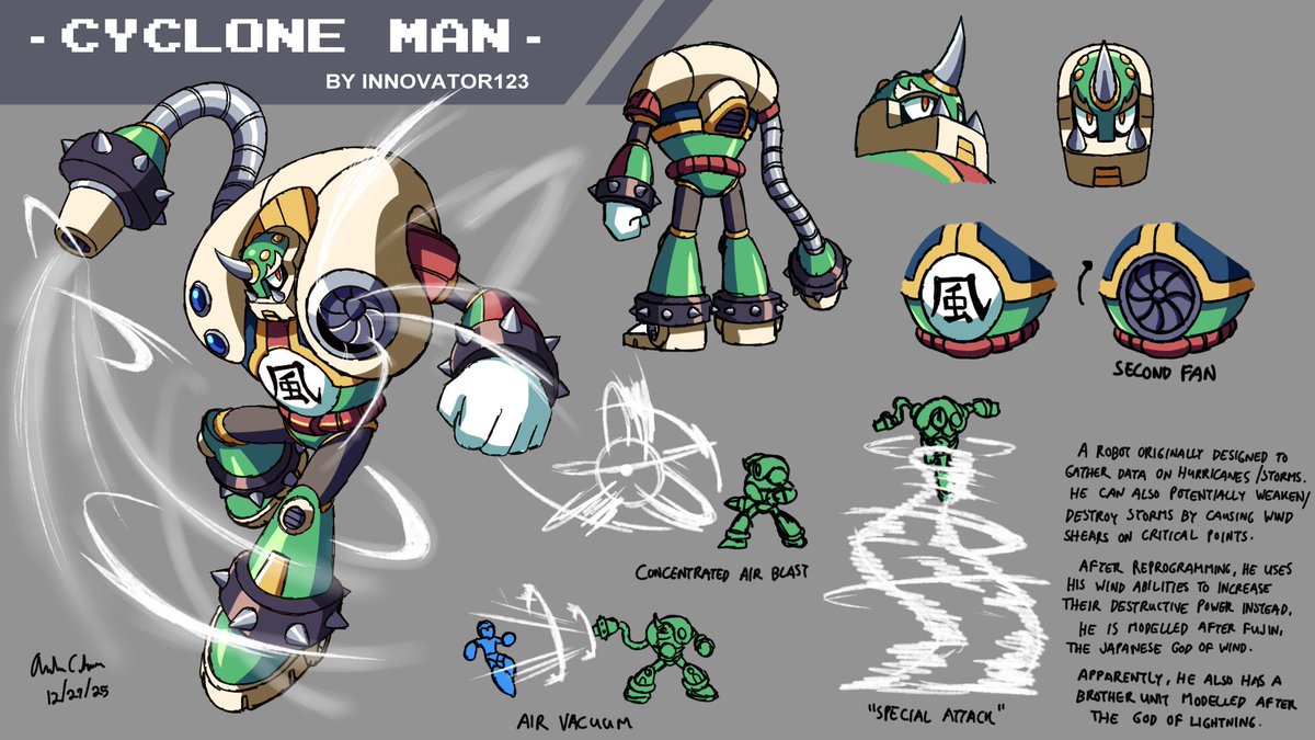 Entry Category: Robot Master Design  

Entry # 4  

Robot Master:  Cyclone Man      

 Pen Name:  Innovator123

Taking a cue from Tengu Man. I also wanted to make a Yōkai based robot. This one modelled from Fujin, the wind god/oni. 

#MegaManDO #DesignARobotMaster