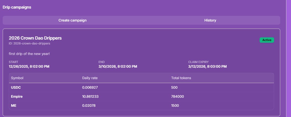👑 LunarVerse Crown Dao fresh drip now activated!
👑 784K $empire 
👑 500 USDC
👑 1500 $ME

✅ Drip will be a 70 day drip! Crown multipliers have been tightened up… check crown dao announcement channel for multiplier info! 
🔁 ALPHA: Crown on the floor for 1.5 SOL (crackhead