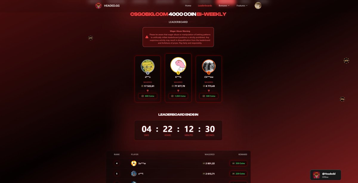 🚨$6500 IN LEADERBOARDS ENDING IN A FEW DAYS🚨

🎁$10 Giveaway: Like + RT, &amp; Tag 1 Friend🎁

➡️WINOVO: $1000 ( 3 DAYS )
➡️JUICE: $1500 ( 4 DAYS )
➡️CSGOBIG: $4000 ( 4 DAYS )

🔗All info: headed.gg/leaderboards
