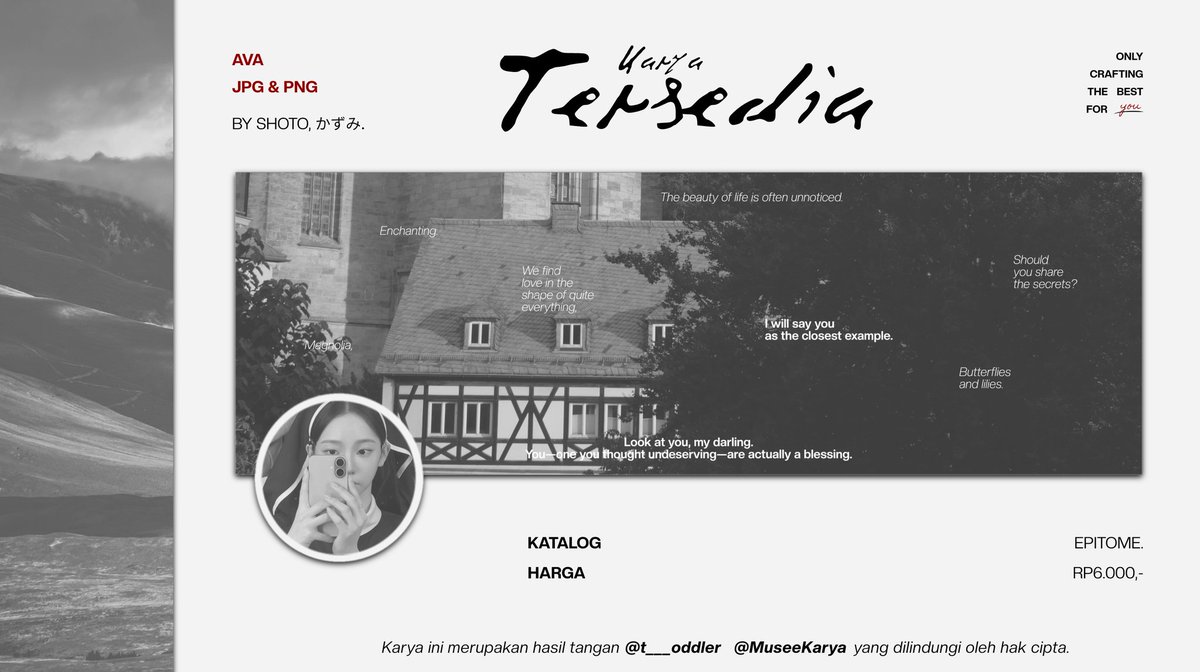 t___oddler's tweet image. HELP REPOST, terima kasih!

DEAR,     WANDERING     SOUL.

Allow me to introduce the newest collection of Musee Karya: EPITOME. Its existence is meant to be a soothing breeze for your worried soul—a reminder that you are worthy of love.

[ Check the ALT. ]

tag: layout #zonauang