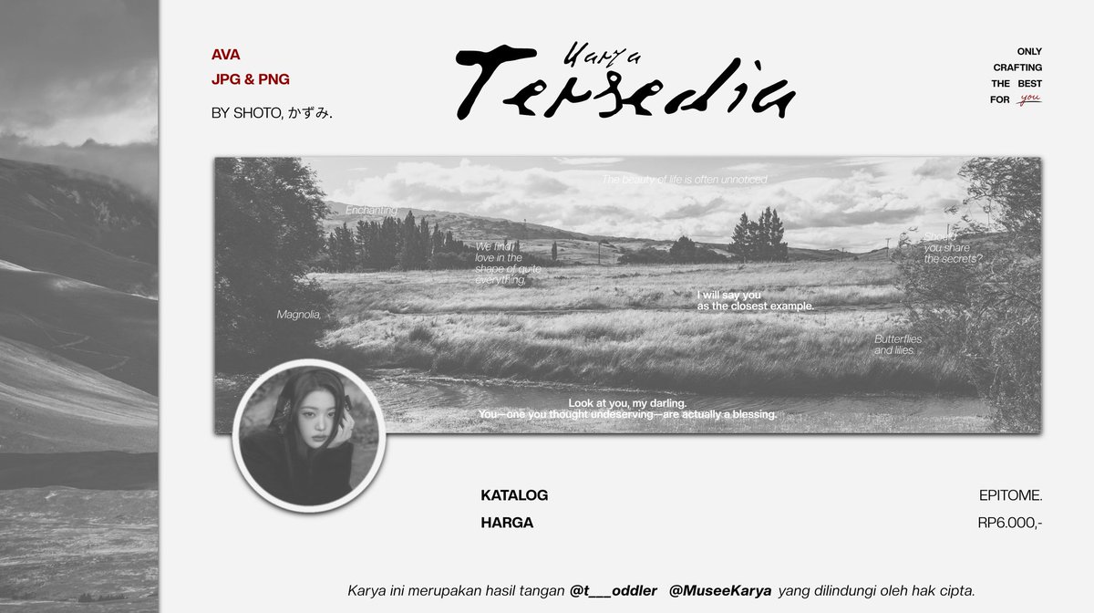 t___oddler's tweet image. HELP REPOST, terima kasih!

DEAR,     WANDERING     SOUL.

Allow me to introduce the newest collection of Musee Karya: EPITOME. Its existence is meant to be a soothing breeze for your worried soul—a reminder that you are worthy of love.

[ Check the ALT. ]

tag: layout #zonauang