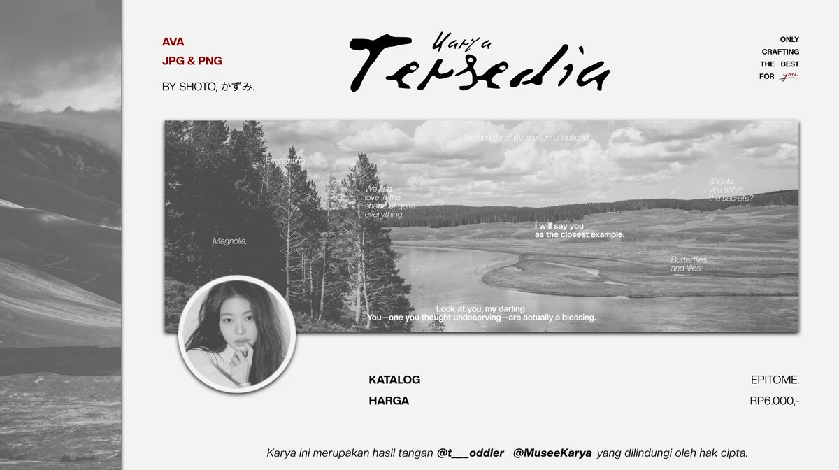 t___oddler's tweet image. HELP REPOST, terima kasih!

DEAR,     WANDERING     SOUL.

Allow me to introduce the newest collection of Musee Karya: EPITOME. Its existence is meant to be a soothing breeze for your worried soul—a reminder that you are worthy of love.

[ Check the ALT. ]

tag: layout #zonauang