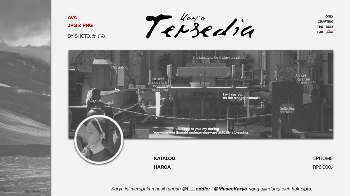 t___oddler's tweet image. HELP REPOST, terima kasih!

DEAR,     WANDERING     SOUL.

Allow me to introduce the newest collection of Musee Karya: EPITOME. Its existence is meant to be a soothing breeze for your worried soul—a reminder that you are worthy of love.

[ Check the ALT. ]

tag: layout #zonauang