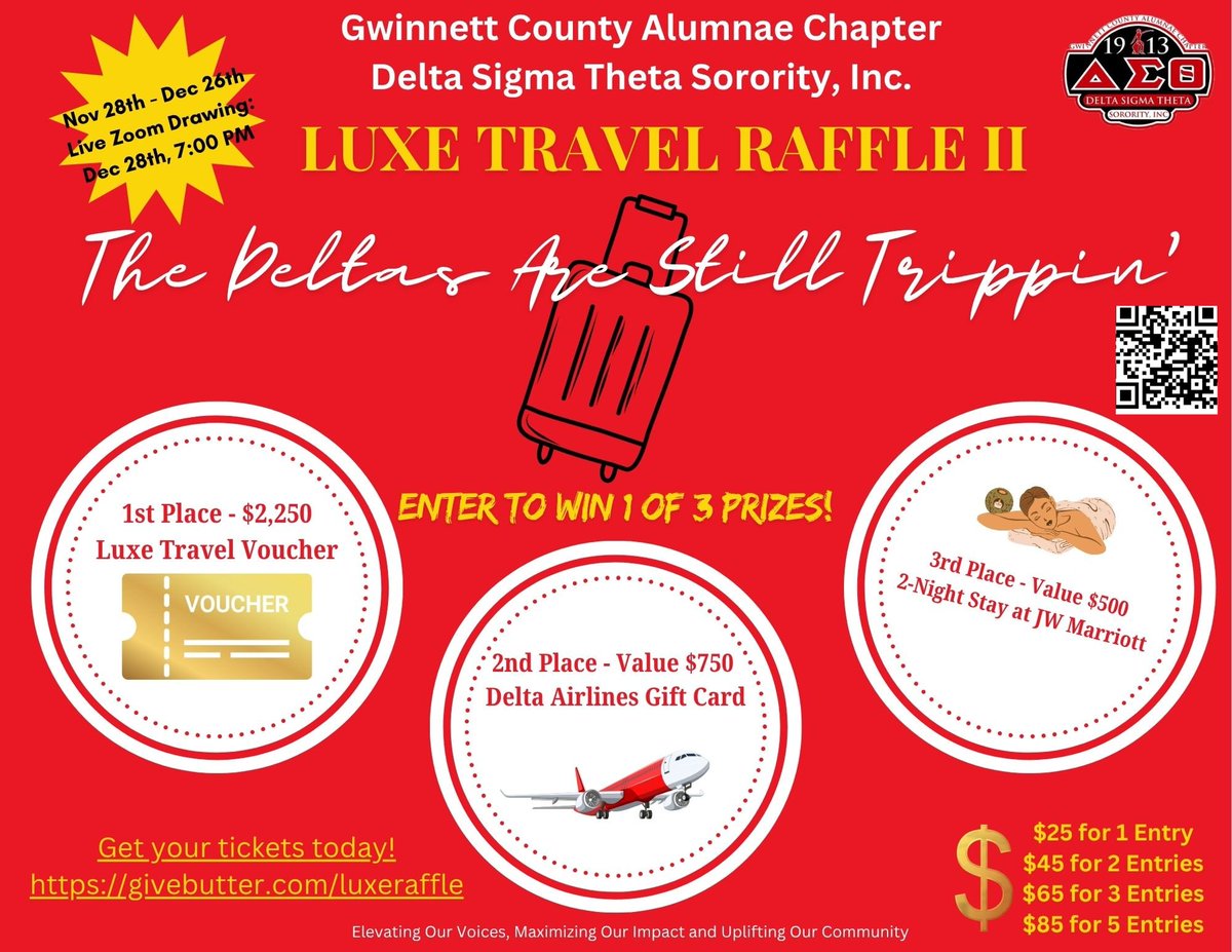 ✈️✨ Last call! The Deltas Are Trippin' II Luxe Travel Raffle ends Dec 26! Win travel prizes &amp; support GCAC. 🎟️👉 givebutter.com/luxeraffle
