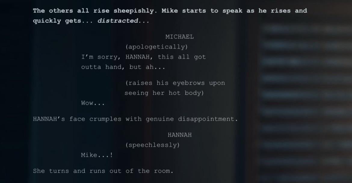 Wow, Mike was kind of a dirtbag in the original script for Until Dawn 😂. Most characters were originally worse in the prologue it seems. But this note about him “getting distracted” took me aback!! #untildawn