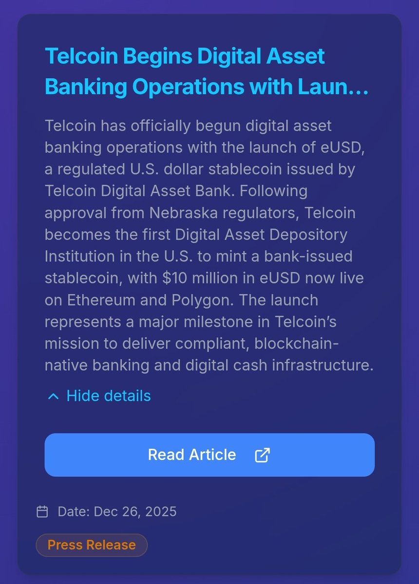 Telcoin has officially launched $eUSD, a regulated USD stablecoin, marking the start of digital asset banking operations via Telcoin Digital Asset Bank. A major milestone for blockchain native banking.