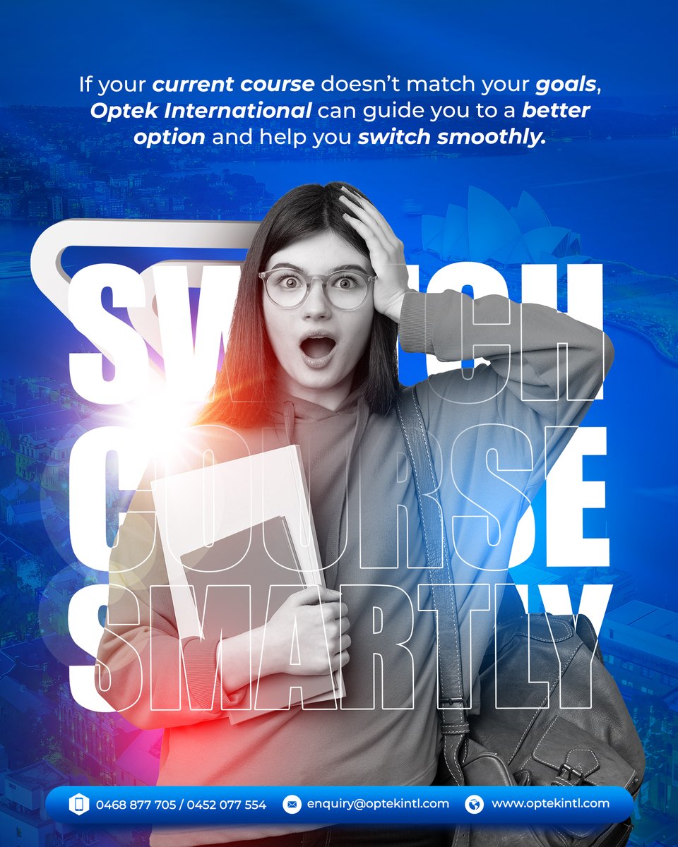 optekintl's tweet image. If your current course doesn't match your goals, Optek International can guide you to a better option and help you switch smoothly. Switch smartly today.

𝐖𝐞𝐛𝐬𝐢𝐭𝐞: optekintl.com 

#CourseSwitch #StudyGuidance #StudentSupport #OptekInternational