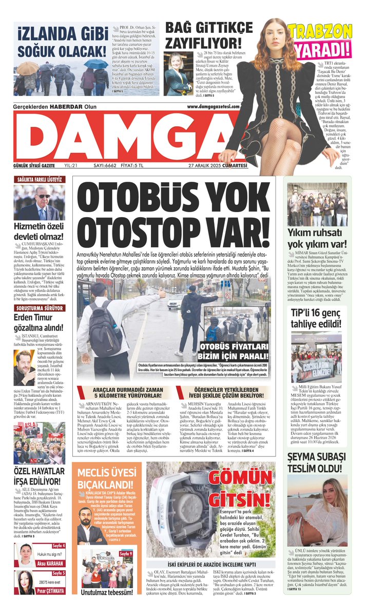 🗞️DAMGA 27 Aralık manşeti-
🔴Otobüs yok otostop var!
damgagazetesi.com/manset-haber/o…