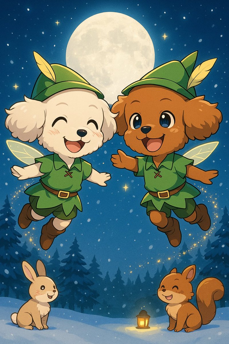 本日のワンショット🐶
🐾ほのぼのシリーズ🐾

冬の満月の下、兄弟がきらめく妖精の粉で空を翔ける✨

ウサギもリスも嬉しそうに空を見上げる❄️

ネバーランドのような奇跡の夜がここに広がる🌙

でちゅ～～～🐶✨💕💕💕
#愛犬
#トイプー
#AIイラスト
#ピーターパンの日