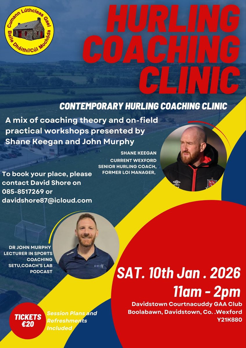 Delighted to get to host two great coaches for our Hurling Coaching Clinic again this year. <a href="/ShaneKeegan81/">Shane Keegan</a> and <a href="/fhsperformance/">John Murphy</a> will share their expertise on sessions design, skill acquisition, games based coaching and much much more. Please RT and Share. Thanks