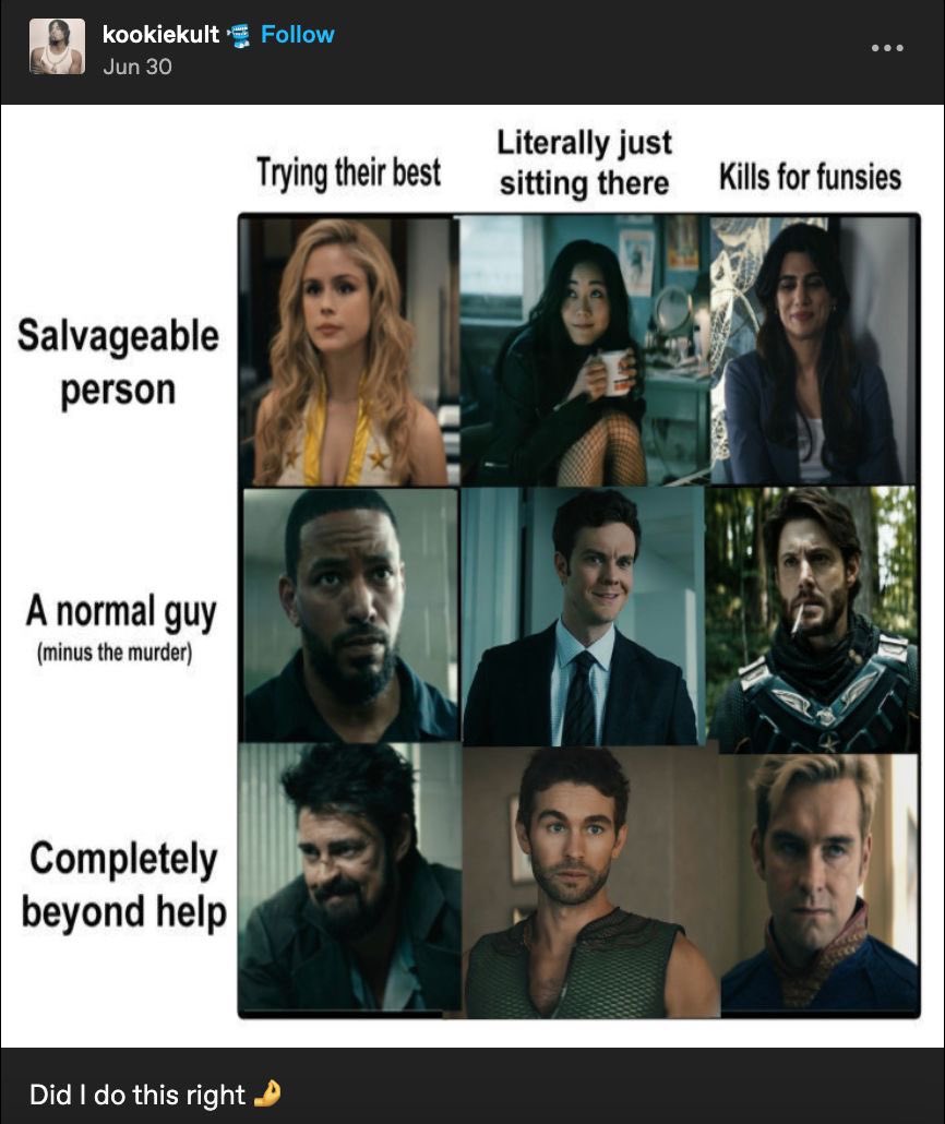 wintrewolf's tweet image. putting soldier boy under “normal guy” is how i know people watched s3 with their eyes closed
