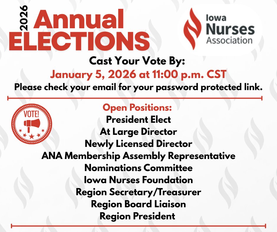 📢 INA 2025 Election Ballot is OPEN!

Vote by Mon, Jan 5, 2026 @ 11 PM CST 🩺
⚠️ Some positions have no candidates — vote for the offices you choose.
📧 Check your email for the ballot link and password.
#INA #NursingLeadership #VoteNow #Election2025