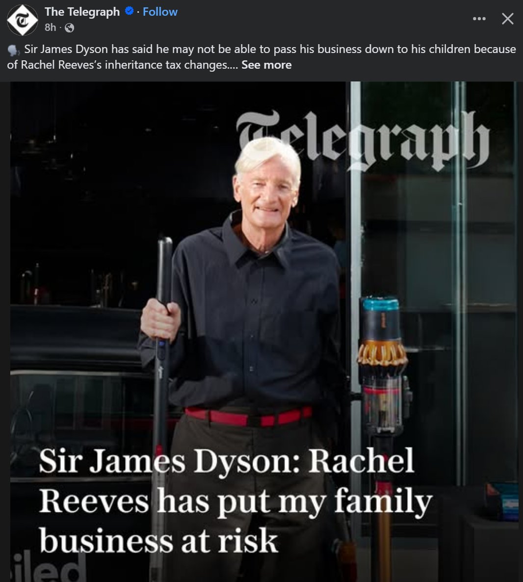 MittensOff's tweet image. James Dyson's net worth is estimated around £20 billion as of 2025, making him one of the UK's wealthiest individuals, his company's HQ is in Singapore. I don't think his kids with starve; twat.