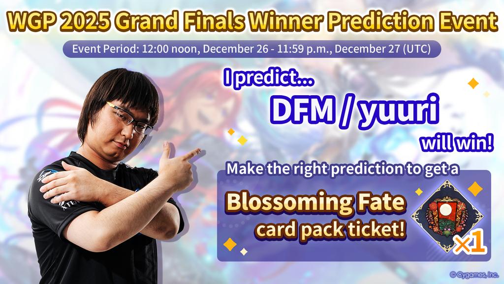 APaskus's tweet photo. The WGP 2025 Grand Finals winner prediction event is underway!

My prediction: DFM / yuuri will win!

Earn a Blossoming Fate card pack by making the right prediction from the prediction screen in Shadowverse Park.

Details: https://t.co/LSkuBOEhKN

#ShadowverseWB https://t.co/e8f7WD1Rfg