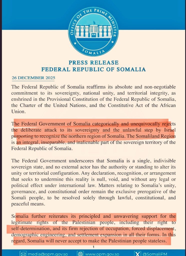 GuledWiliq's tweet photo. #Thread: Why Somaliland Deserves Recognition from Israel-explained.

This is peak hypocrisy. The same Muslim Brotherhood–aligned government in Mogadishu now loudly protesting Israel over Somaliland is the very same government that was quietly begging Israel in 2023 to join the Abraham Accords—and again in May 2025, lobbying Washington and Tel Aviv to use normalization as leverage to block Somaliland’s recognition.

The receipts are public:
Meetings, emails, and requests with U.S. congressional staff, the NSC, and Israeli-linked policy circles—all aimed at one goal: trade normalization with Israel for political survival.

Now suddenly they’ve discovered “principle.”

Let’s be honest about the real argument they’re making:
They claim that if Somaliland is recognized, Somalia will become a failed state again. That’s not a legal argument—it’s an admission of weakness. A state that survives only by denying others recognition is already failing.

Enough is enough. Somaliland was sovereign on June 26, 1960. Recognition isn’t a gift—it’s a restoration. December 26, 2025, should mark the end of this hostage politics.

The truth is simple: What threatens these mullah politicians isn’t Israel. It isn’t international law. It’s losing the leverage of forced unity. And that’s why recognition terrifies them.