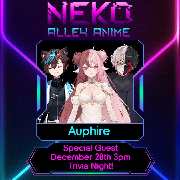 NekoAlleyAnime's tweet photo. We got something a little different this time around. Join us this Sunday for a little Trivia night. Face off against the Auphire team in some anime trivia with some extra topics https://t.co/LcdP6gEK8V