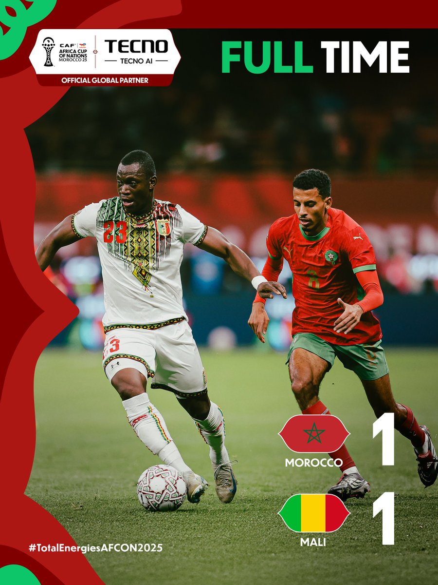 🤝 التعادل الايجابي بهدف في كل شبكة 1️⃣-1️⃣ يحسم مباراة المنتخب المغربي 🇲🇦 و نظيره المالي 🇲🇱 ضمن مباريات الجولة الثانية من كاس امم إفريقيا المغرب 2025 🔥🇲🇱🤝🇲🇦🏆⚽✅