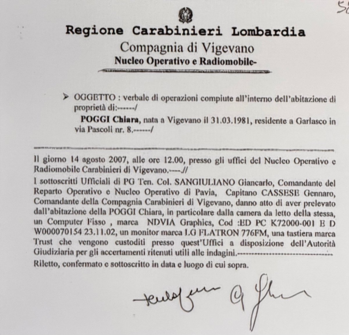 Visto il video-"scoop" di Bugalalla ho subito chiesto, sotto vari post, se risultasse verificato il momento in cui il PC era in mano ai carabinieri. La storia dei sigilli violati mi pareva improbabile. Ecco. PC sequestrato alle 12. Video aperto alle 16. Dai carabinieri. #garlasco