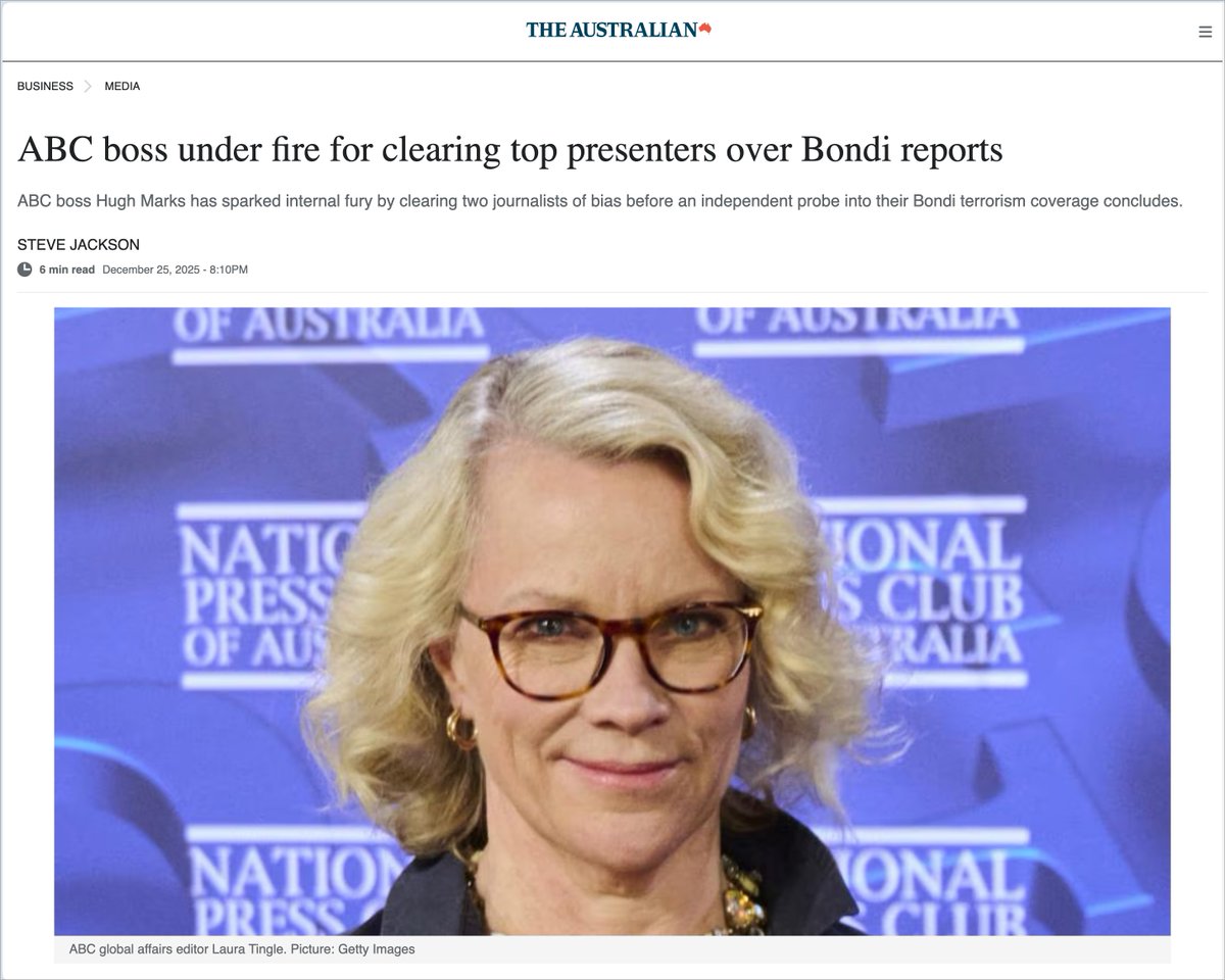 The Australian headlines with "ABC boss under fire for clearing top presenters over Bondi reports"  in an article that tries to attack #LauraTingle, the #ABC and slyly keep the #JoshFrydenberg "outrage" front and centre - with a perfectly chosen shot of Josh looking like ALL the