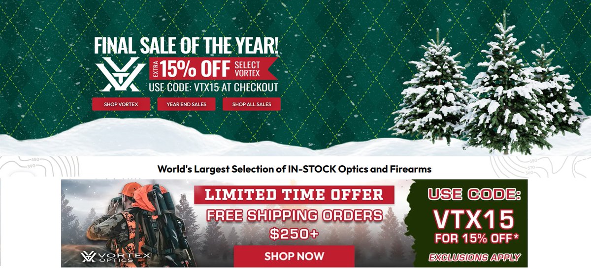 gunsandoptic's tweet photo. #EuroOptic Year-End #VortexSale is live — score an extra 15% off select #Vortexoptics and upgrade your setup with gear trusted by hunters &amp; shooters alike

Use code VTX15 and don’t miss out 👀 - https://t.co/RgQZH132z1

#OpticsSale #PrecisionShooting #HuntingGear #TacticalGear https://t.co/vlCH9fCdEo