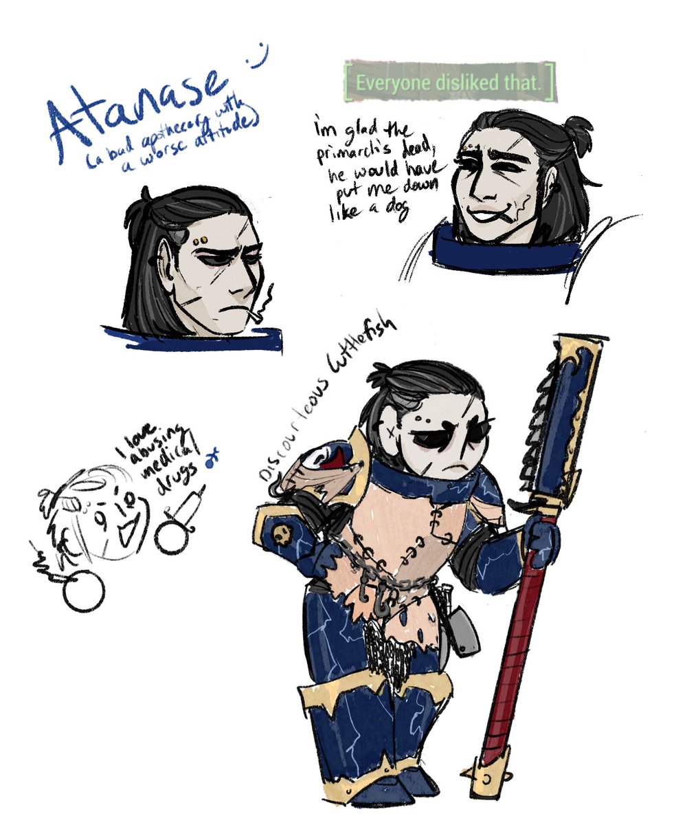 d_cuttles's tweet image. Fresh out the pan here is my new night lord OC Atanase (made for my friend @faggysupreme s NLs) he’s technically an apothecary but he’ll never admit it.  Spends more energy trying to avoid people and tasks than it would take to just do stuff. got that slaanesh stink on him teehee
