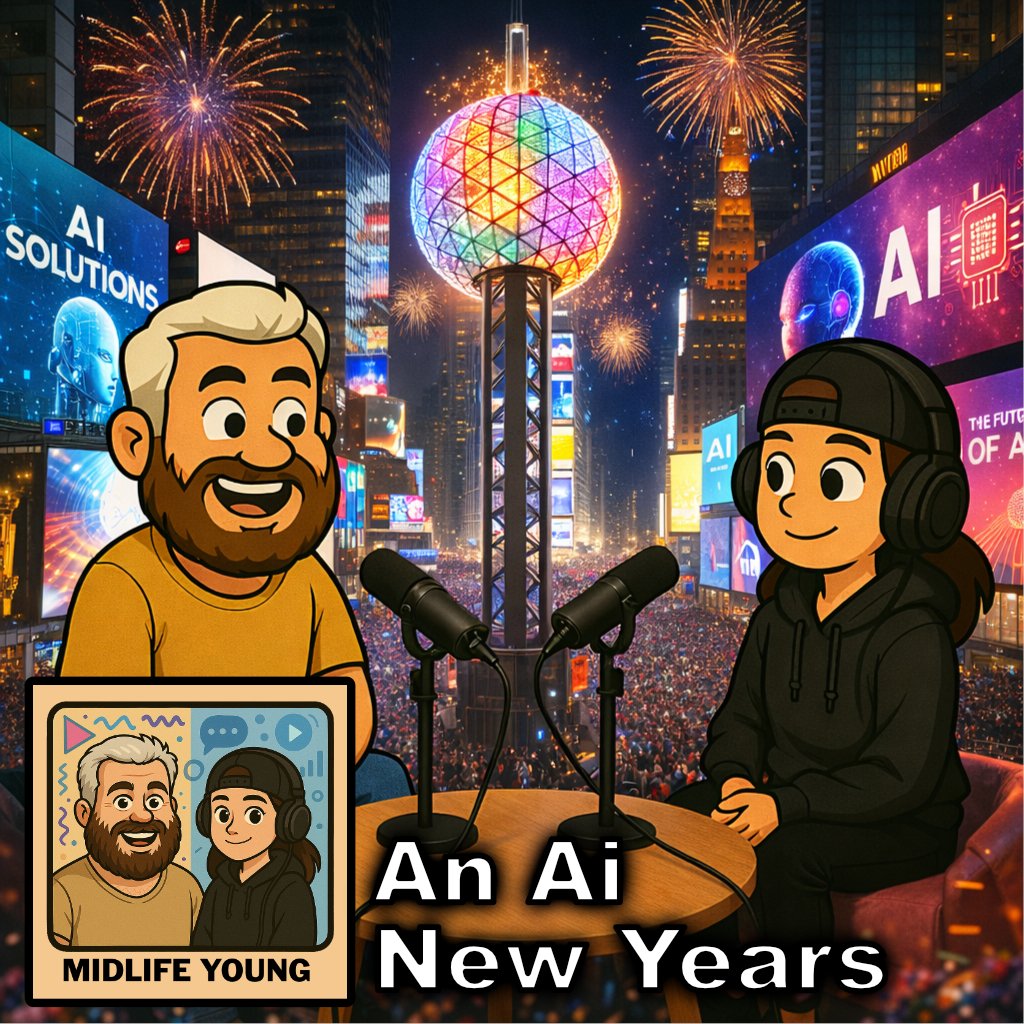 MidlifeYoung's tweet photo. Kick off the new year with laughs! 🎉
https://t.co/GwvyDK9evs
This week’s episode dives into New Year traditions, resolutions, and what happens when AI tries to run the show. Spoiler: chaos. but the fun kind.
 “An AI New Years” out now! #NewYearsVibes #AITakesOver #CountdownChaos https://t.co/HEk2NCSaQ8