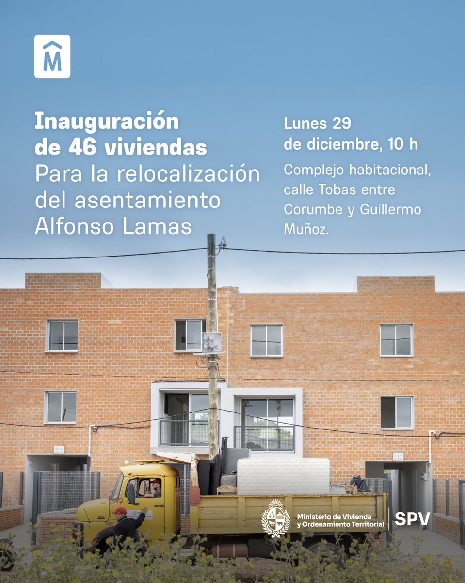 Te invitamos a la inauguración de 46 viviendas, como parte del proceso de relocaliazación de las familias del asentamiento Alfonso Lamas 🏘️

🗓️ 29 de diciembre
⏰ 10 h
📍Tobas entre Corumbe y Guillermo Muñoz