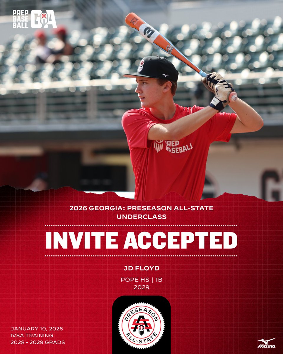 PrepBaseballGA's tweet photo. ‼️ 𝐈𝐍𝐕𝐈𝐓𝐄 𝐀𝐂𝐂𝐄𝐏𝐓𝐄𝐃 ‼️

+ 2029 1B JD Floyd will be another prospect in the @Pope_Baseball pipeline ready to make an impact as a freshman. 

@JDFloyd31 is 🔒'd in for #PASUnder26.

𝐑𝐞𝐪𝐮𝐞𝐬𝐭 𝐚𝐧 𝐢𝐧𝐯𝐢𝐭𝐞, 𝐫𝐨𝐬𝐭𝐞𝐫, 𝐦𝐨𝐫𝐞...
🔗 https://t.co/RkfWkKWBfj https://t.co/83RaNVtbkR