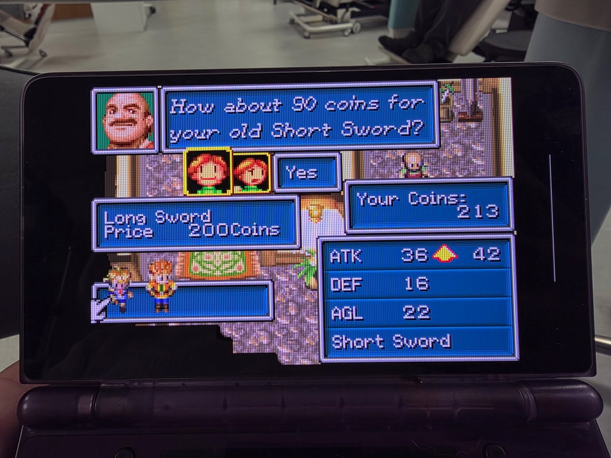 Cromwelp's tweet image. I'm playing Golden Sun for the first time (I am now a lot further than this) and I'm enjoying it as much as Chrono Trigger. Massively underrated gem, and vendors offer to buy your equipped weapon pon purchase of a new one! Chef's kiss.