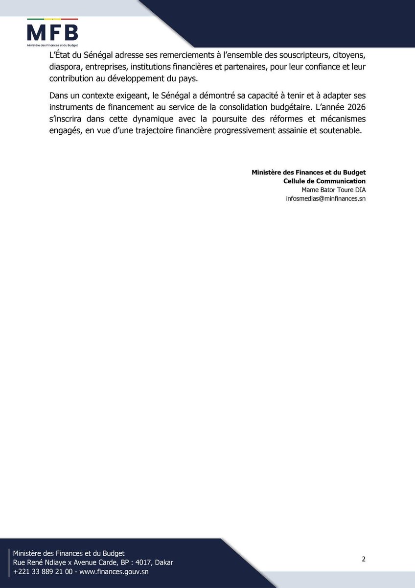 jamaksalam's tweet photo. Le Sénégal clôture avec succès la 4ᵉ opération d’Appel Public à l’Épargne de 2025.
560 milliards FCFA mobilisés, pour un objectif initial de 400 milliards FCFA, soit 140 % de taux de couverture.

Ce résultat confirme la confiance des citoyens, de la diaspora et des investisseurs dans la signature de l’État du Sénégal, malgré un contexte économique exigeant.
Il renforce la stabilité budgétaire, améliore le profil de la dette avec des maturités allant jusqu’à 10 ans et des taux plafonnés à 6,95 %, et soutient le financement des projets structurants de la Vision Sénégal 2050.
Félicitations à l’ensemble des souscripteurs.

Une mobilisation forte, responsable et utile au développement national.
GOAT – La Grande Offensive des Alliés pour le Triomphe