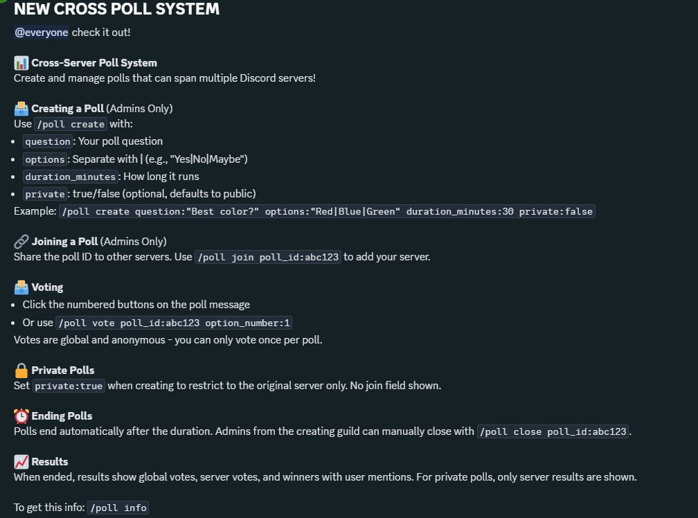Introducing new cross poll system!

Ever wanted to have cross-fam poll about something?
Now you can use it! 
Make sure AIdea bot is in the guilds and ask them to join!