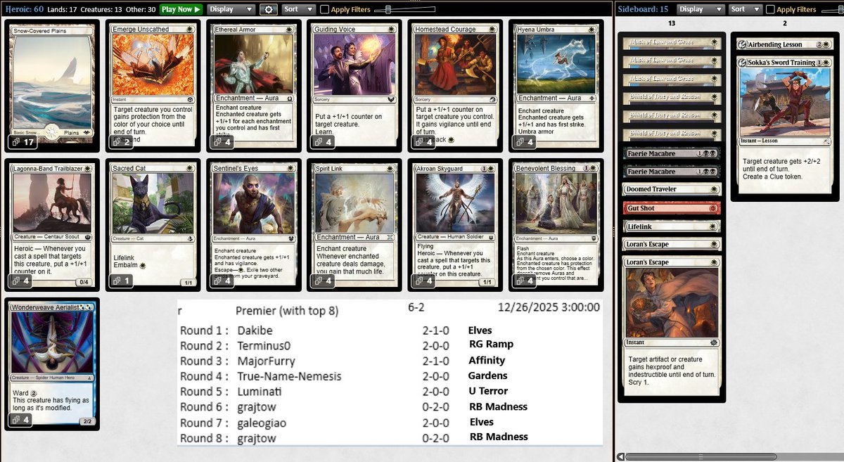 🔥Top 4 in the Pauper Challenge with Heroic!🔥

In the "Terror vs Madness vs the rest of the world" meta, Heroic is well-positioned 😍
So far, I'm 53-20 with the deck (72.6% win rate), so the results are becoming increasingly consistent.
Primer + sb guide soon!
#mtgpauper