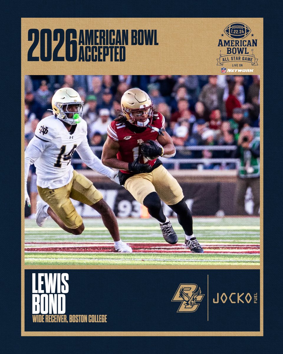 TheAmericanBowl's tweet image. WELCOME TO AMERICA’S COLLEGE FOOTBALL ALL-STAR GAME! 🇺🇸

Lewis Bond from @BCFootball has officially accepted his invitation to the 2026 American Bowl, where the nation’s top senior talent comes together to compete, represent their programs, and honor those who serve.

Next stop:…
