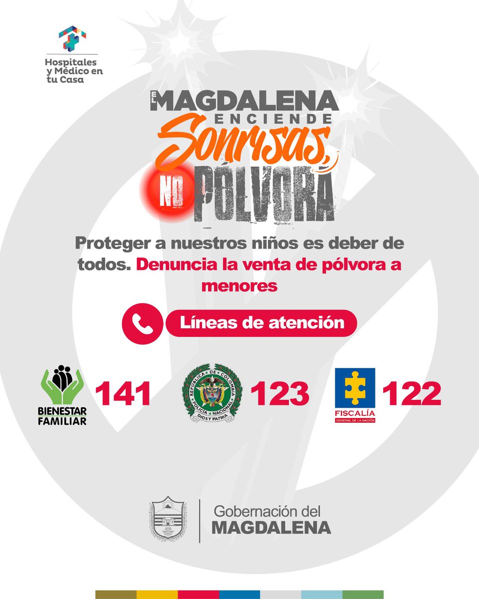 Si ves a alguien vendiendo pirotecnia a niños o adolescentes, ¡no te quedes callado!

Denuncia a través de las líneas de atención:
📞 141 - Bienestar Familiar
📞 123 - Policía Nacional
📞 122 - Fiscalía General de la Nación

#magdalenaenciendesonrisasnolapólvora