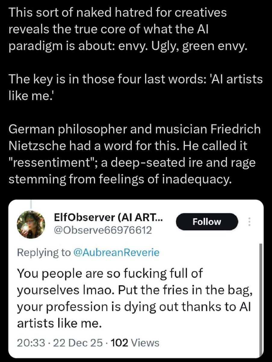 Yeah right, AItard just undeveloped and incompetent child
you can found AItard that vandalize and being retard on artist post and said "I can do better" 
And please you are not an AIARTIST, "the AI is the artist" not you who typing prompt after asking grok