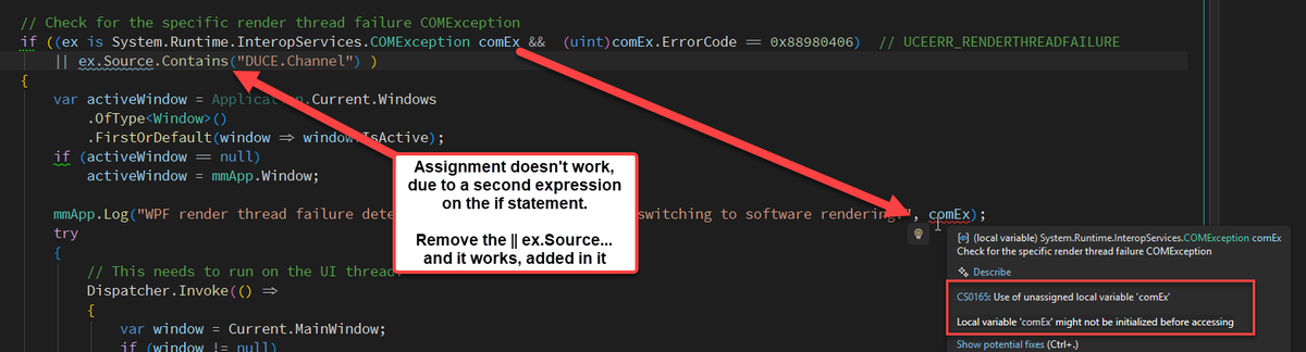 RickStrahl's tweet image. Here's something I didn't know:

If you use variable `as` assignments with a secondary expression (the || in the example) in a structured statement the assignment apparently doesn't carry through closure although it works in the immediate if expression.

#dotnet #csharp