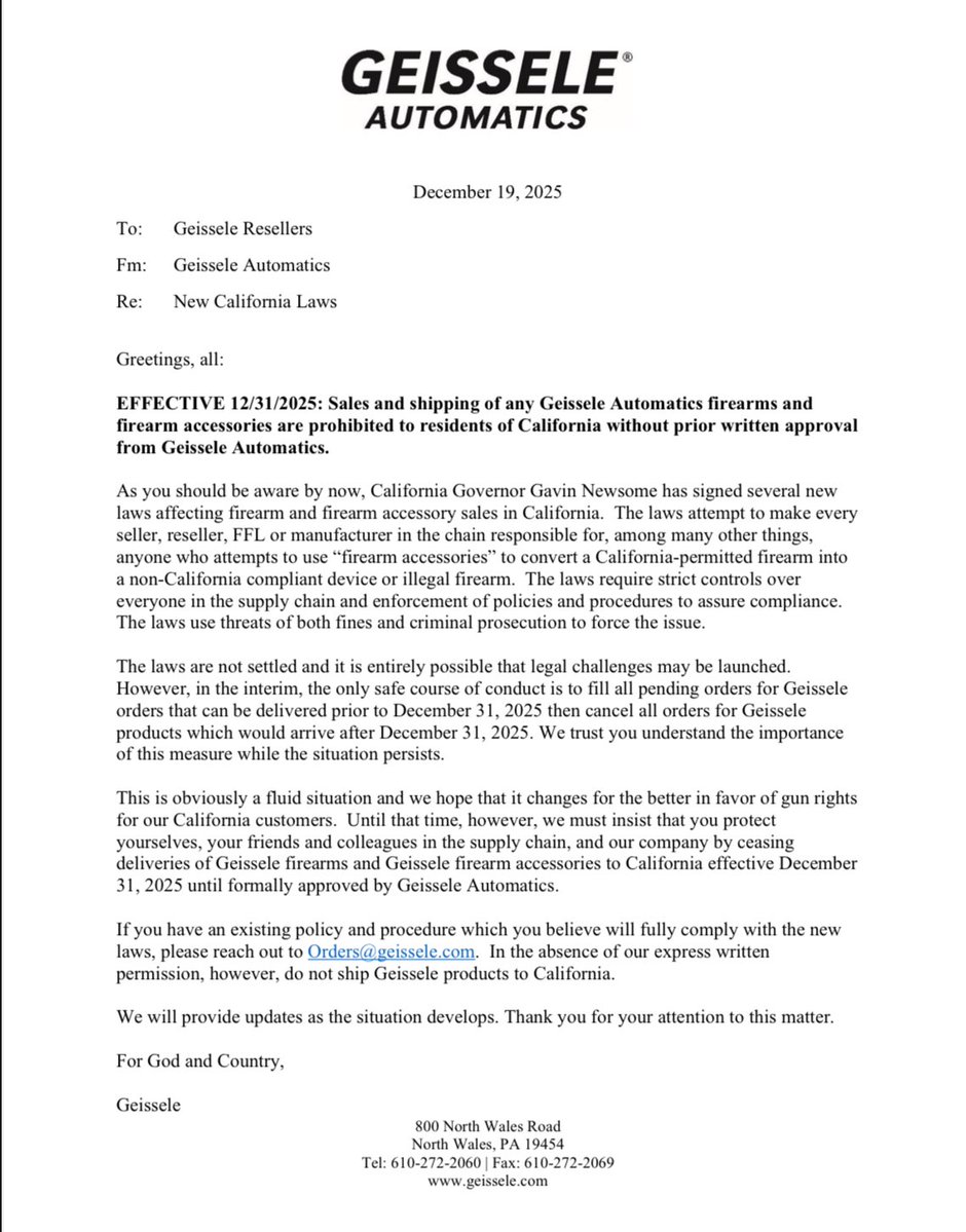Mrgunsngear's tweet image. It looks like Geissele is pulling out of California, at least for now...

#California #statism #2nd #CivilRights