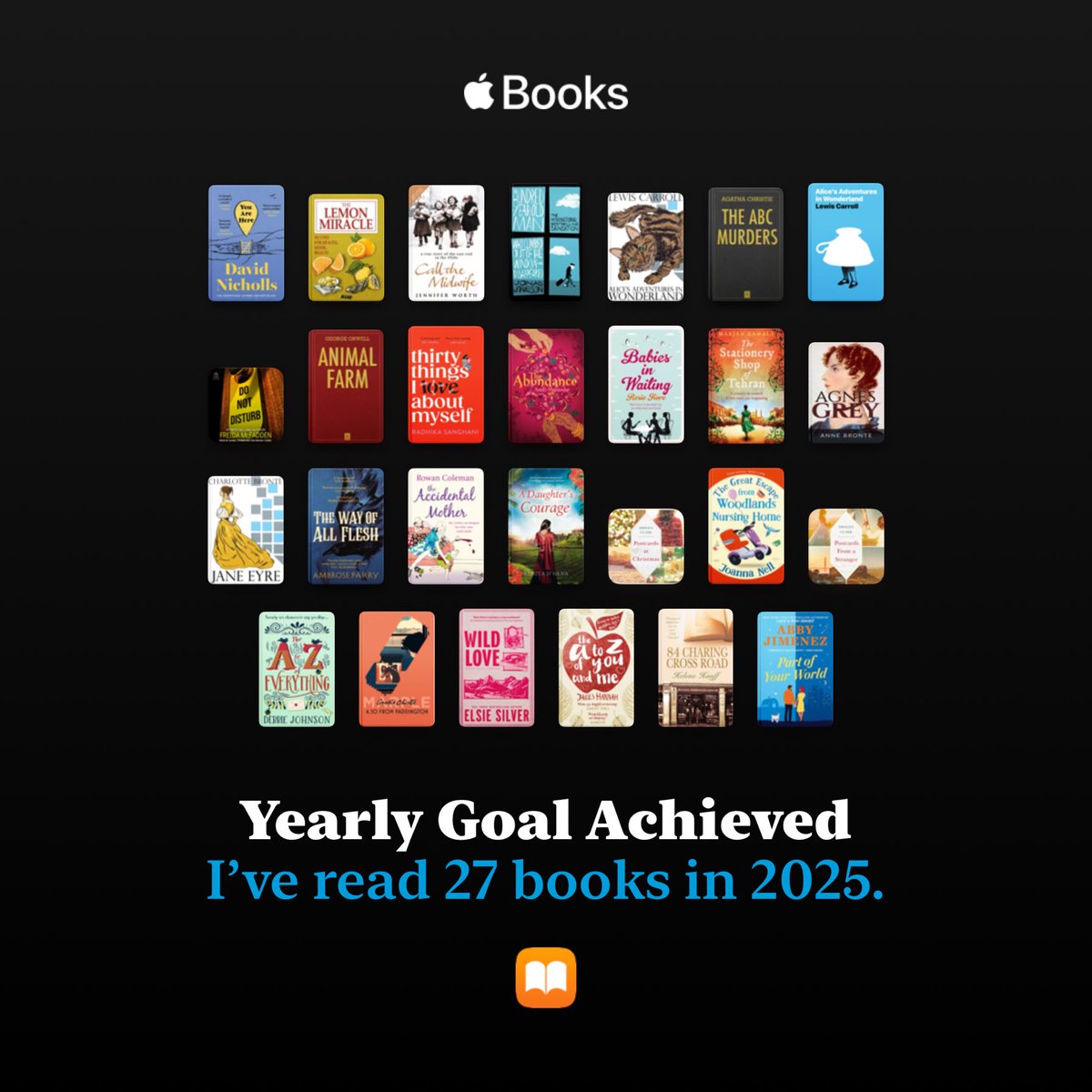 SarahTweets6's tweet photo. I’ve reached my yearly reading goal! Set your own #ReadingGoals on @AppleBooks. https://t.co/P1egTsUE36 https://t.co/sSd0DfRnAC