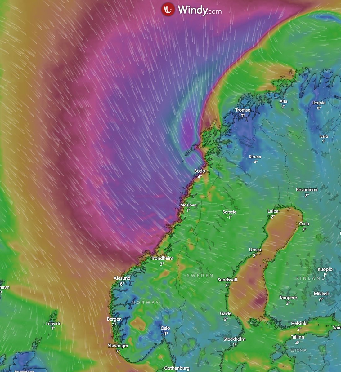 flightradar24's tweet image. Extreme winds incoming for Norway and Sweden — and it’s already impacting flights.

NOZ1PA (#1 on Most Tracked Flights) is diverting away from Bodø, Norway.

📸 @Windycom
