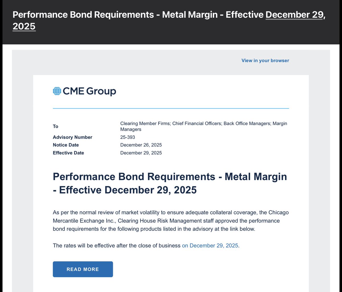 FreedomStocks's tweet image. 🚨 THE CME GROUP JUST PULLED THE RUG ON #SILVER 🚨

If you watched the price action today, this is a MUST read.

Earlier today, December 26, 2025, the CME Group (COMEX) dropped a bombshell: Advisory #25-393. 

Effective Monday, December 29, they are hiking silver margin…