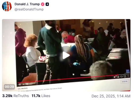 pjcolbeck's tweet image. On Christmas day, while visions of sugar plums danced in the heads of Americans who were told that the #2020Election was "the most secure election in American history", President Trump released a series of truths on Truth Social regarding the fraud that occurred during that