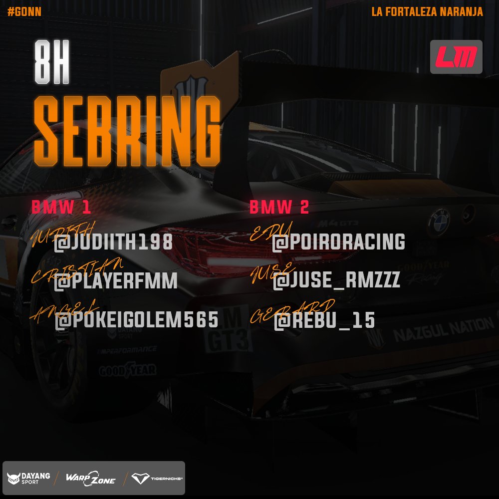 #LeMansUltimate | ¡𝐑𝐀𝐂𝐄𝐃𝐀𝐘!

🏆 | <a href="/LeMansUltimate/">Le Mans Ultimate</a> 
🚗 | BMW GT3
📌 | Sebring - 8h
⏰ | 10:00h

𝐁𝐌𝐖 𝟏
<a href="/judiith198/">Judiith198 ツ</a> 
<a href="/PlayerFMM/">𝗖𝗵𝗿𝗶𝘀𝘁𝗶𝗮𝗻 '𝗘𝗙𝗘𝗘𝗠𝗘!'</a> 
<a href="/PokeiGolem565/">angelee_565</a> 

𝐁𝐌𝐖 𝟐
<a href="/PoiroRacing/">eroyes19</a> 
<a href="/ivannnnPerez/">Jusee Perez</a> 
<a href="/rebu_15/">Rebu</a> 
 
#GoNN 🧡 · #NNsimracing